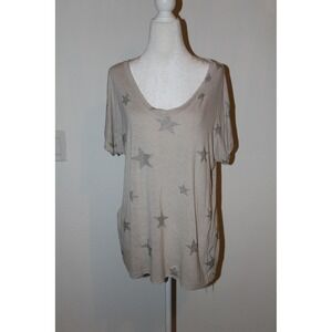 Gigi Moda Italy Women's Taupe Viscose Silver Glitter Star Print Scoop Neck Tee L